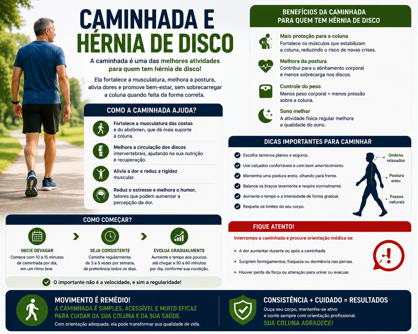 Infográfico explicando os benefícios da caminhada para quem tem hérnia de disco