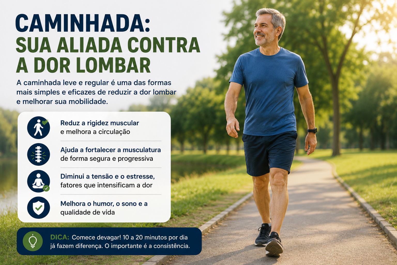 Pessoa caminhando para melhorar a mobilidade e reduzir a dor lombar