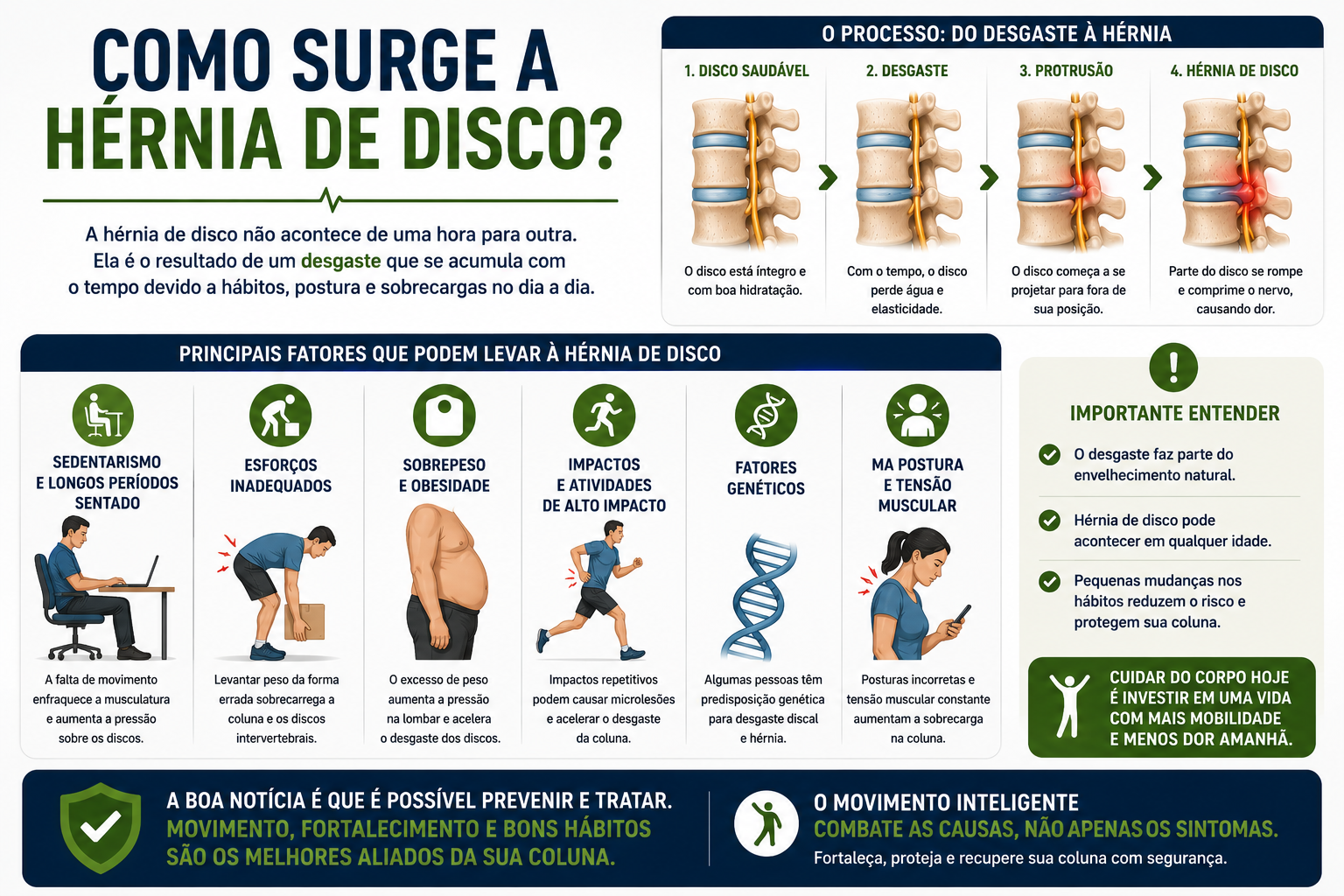 Infográfico explicando como surge a hérnia de disco e os fatores que aumentam o risco