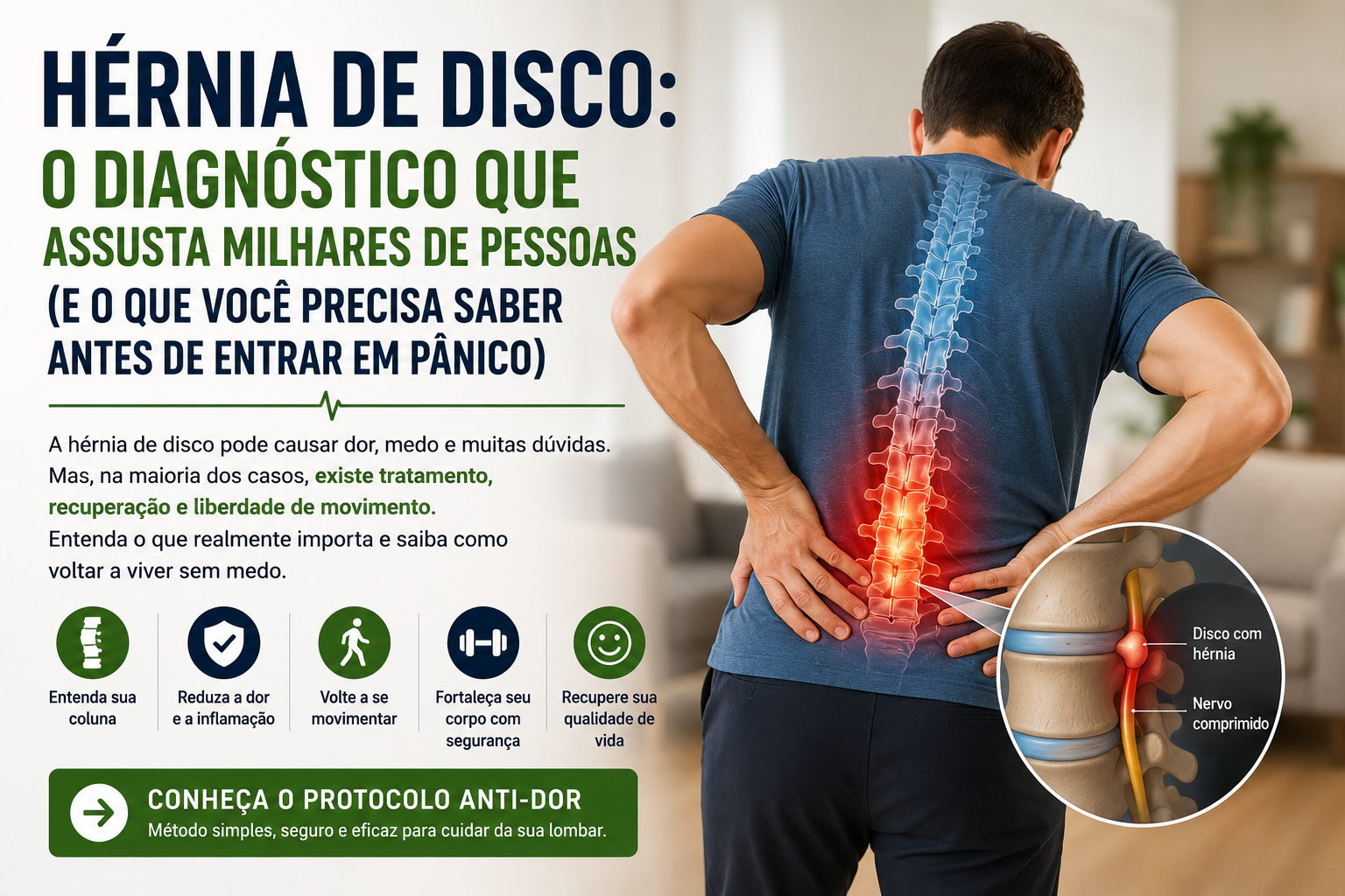 Homem com dor lombar e ilustração da coluna mostrando hérnia de disco