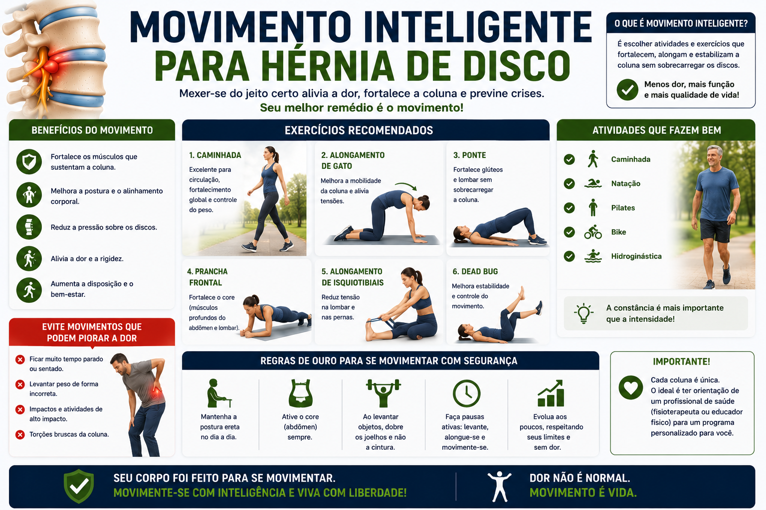 Infográfico explicando como o Movimento Inteligente pode ajudar pessoas com hérnia de disco