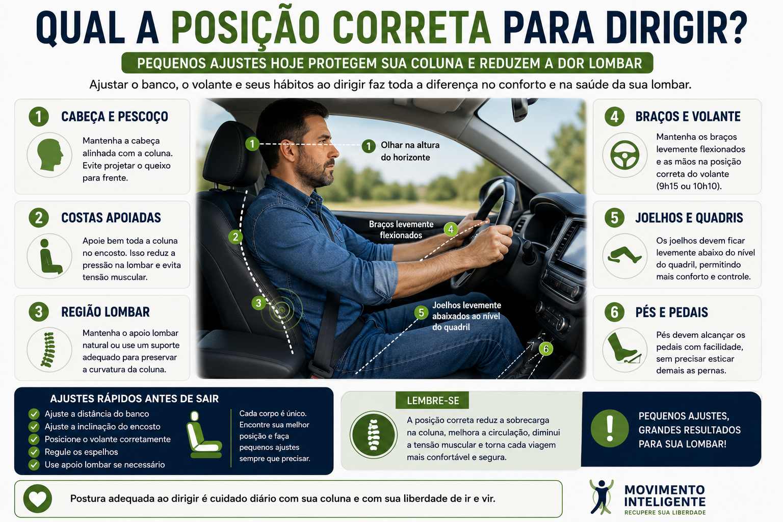 Infográfico mostrando a posição correta para dirigir sem dor lombar