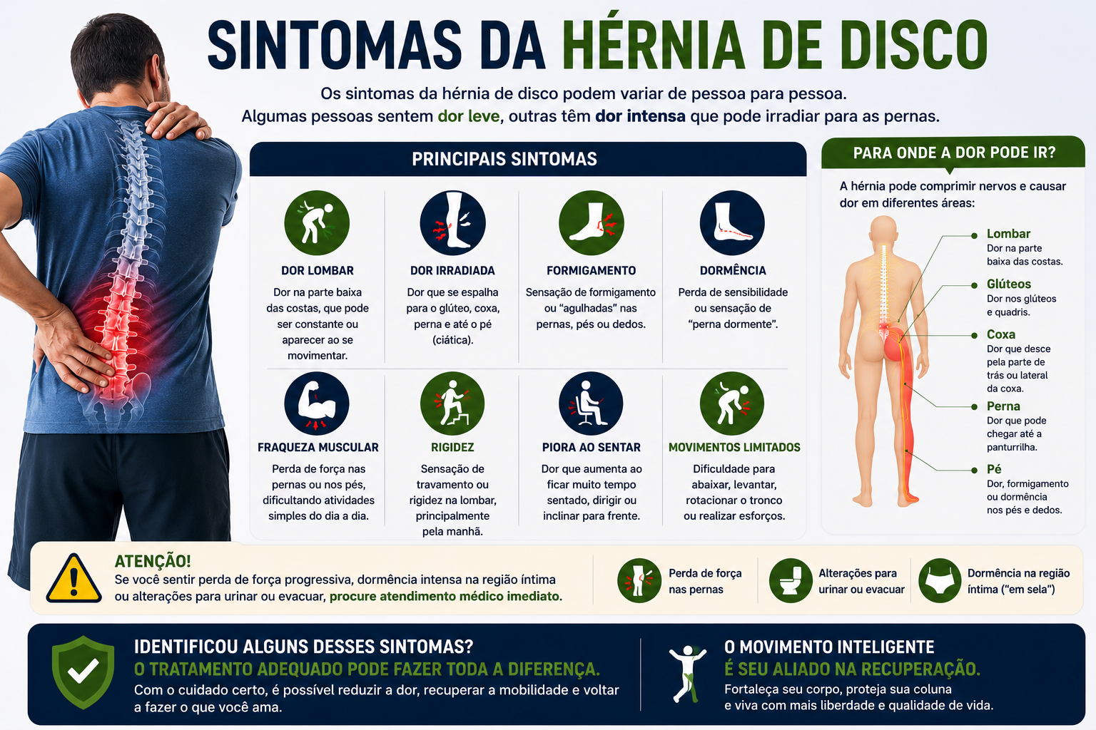 Infográfico mostrando os principais sintomas da hérnia de disco
